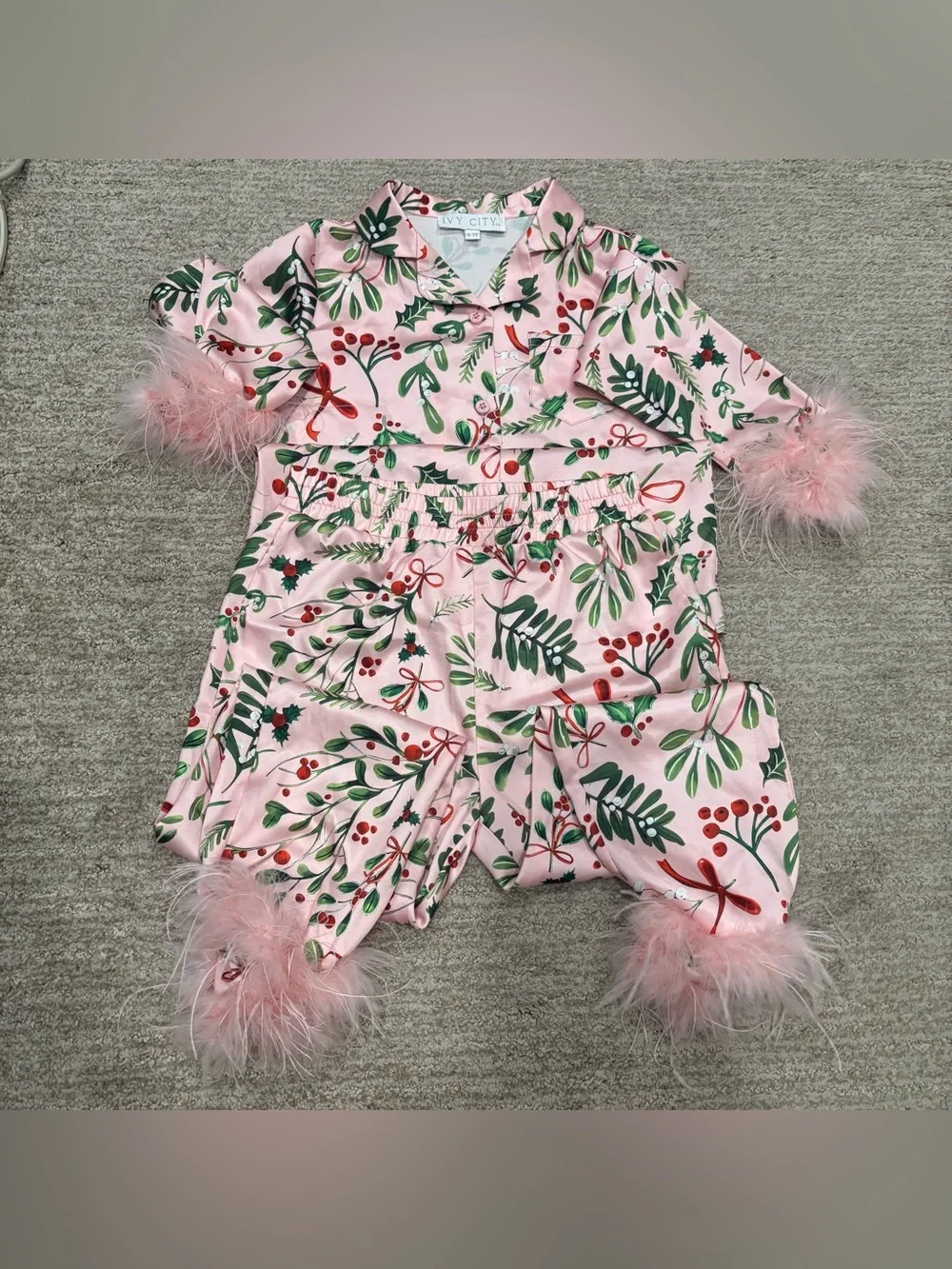 Ivy City Co Little Girl Pink Christmas Feather Cuff Pajamas - Size 6-7T